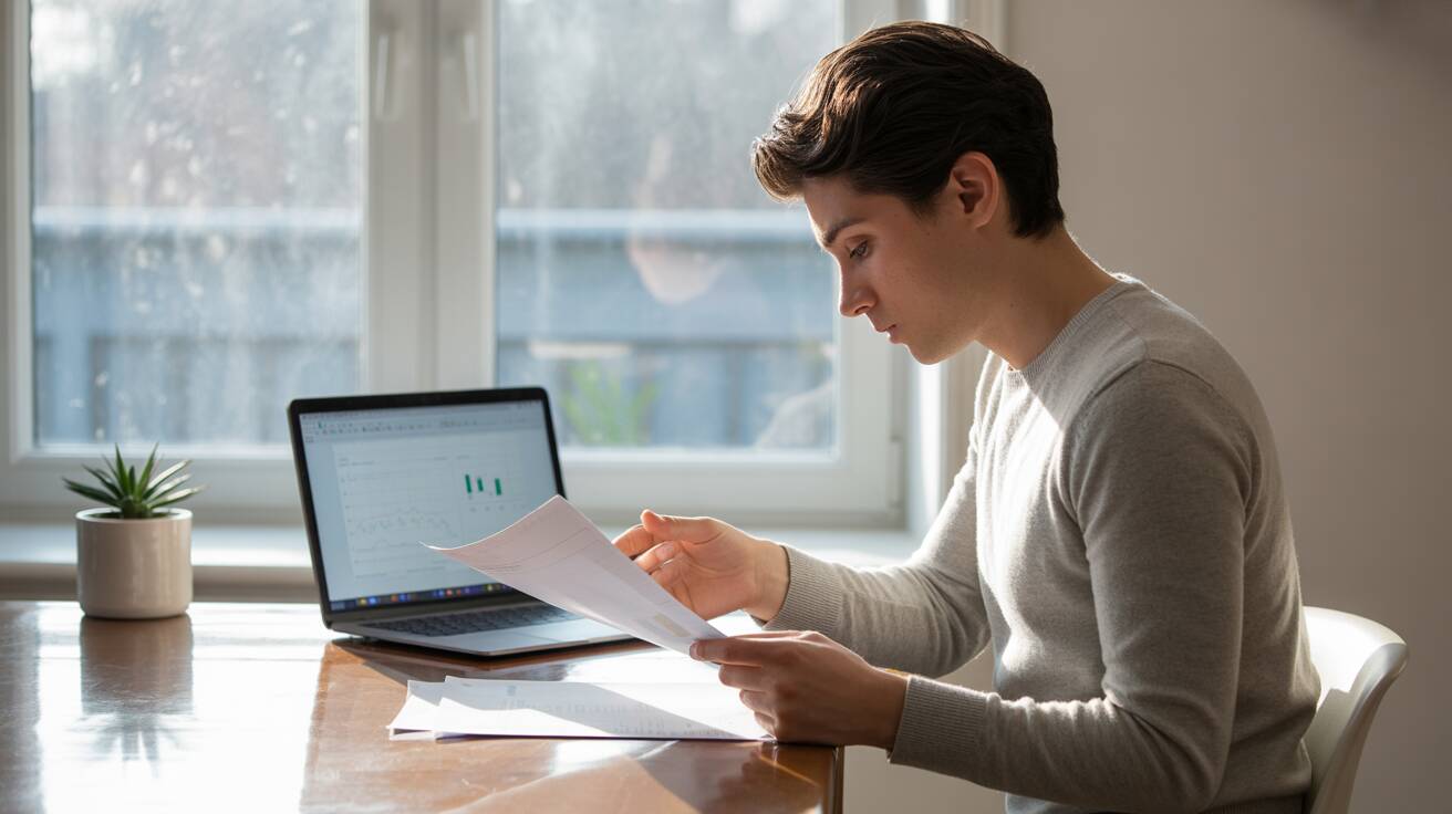 Person reading documents at home office