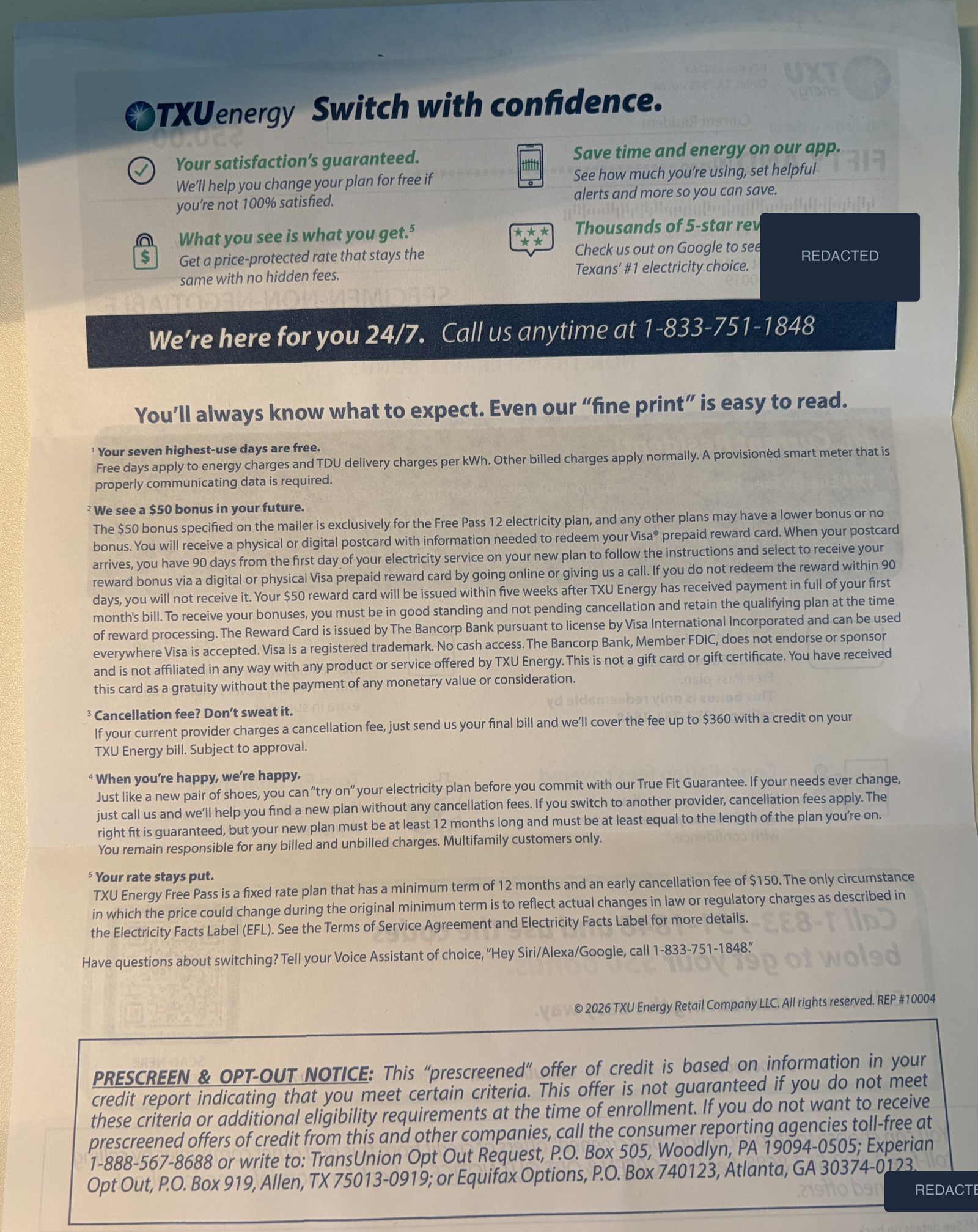Back of the TXU Energy Free Pass mailer showing the fine-print footnotes: free days limited to per-kWh charges, the $50 bonus paid as a Visa prepaid card after the first bill is paid in full, cancellation-fee reimbursement subject to approval, True Fit Guarantee limited to TXU plans and multifamily customers, a $150 early cancellation fee, and the prescreened-offer opt-out notice.