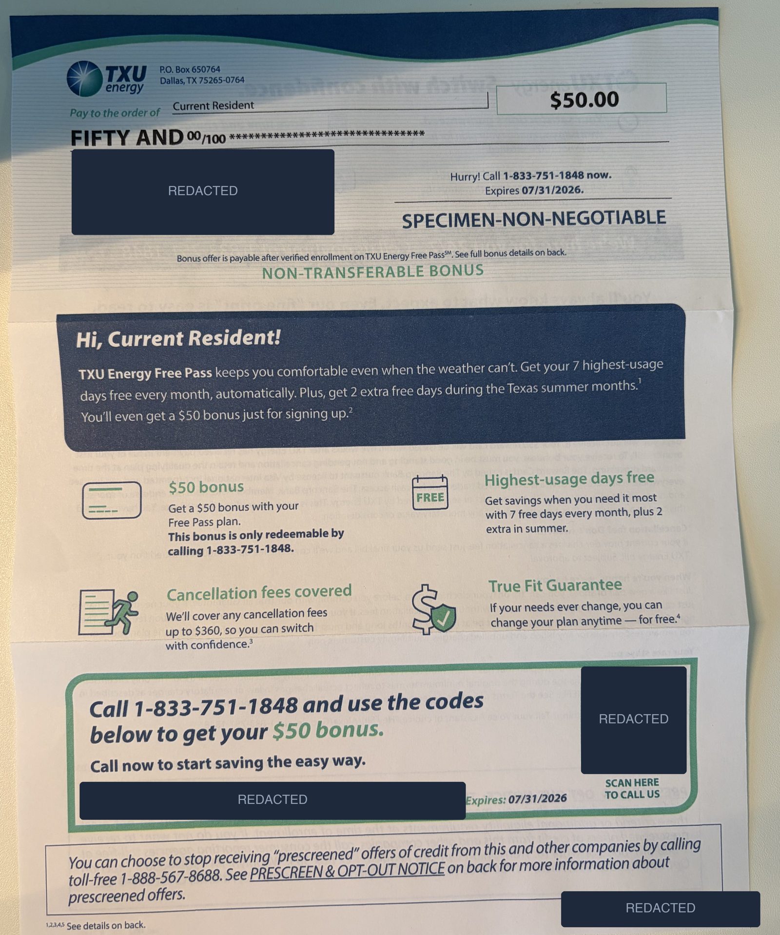 Front of the TXU Energy Free Pass direct-mail piece: a $50 check styled like a real check, made out to Current Resident and marked SPECIMEN-NON-NEGOTIABLE, above claims of 7 free days every month, a $50 signing bonus, cancellation fees covered up to $360, and a True Fit Guarantee, with a phone-only enrollment number.